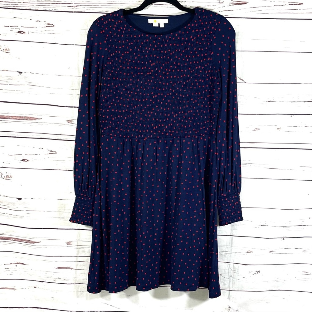 Boden Dress Petite Women’s A-Line Shirred Long Sleeves Blue Polka Dots‎ 8P
